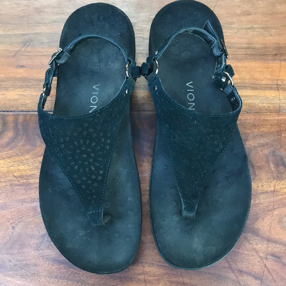 Vionic black suede thong-style sandal.